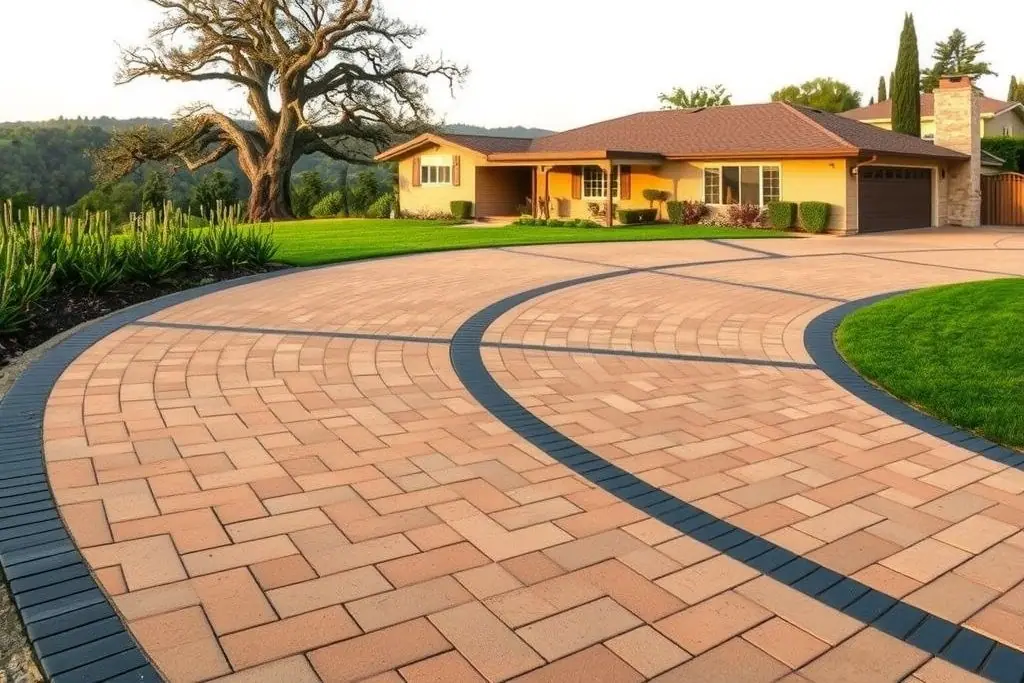 Curving herringbone paver driveway with dark border bands leading to a single-story ranch house, a large valley oak and green lawn in warm morning light